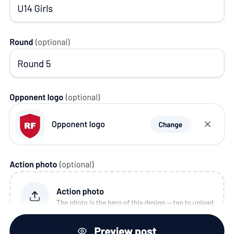 The opponent logo field in the app with Riverside FC's logo already in it