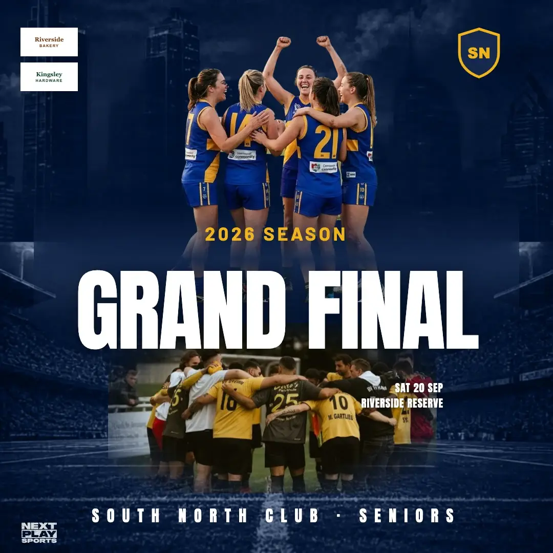 Grand final post with the players cut out above the headline and a team huddle photo below, in South North Club colours