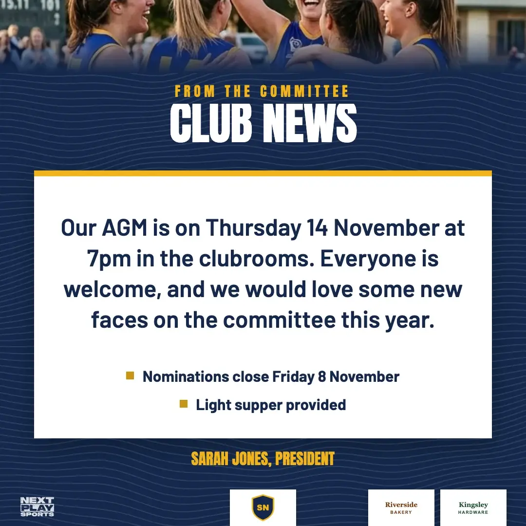 Club news post with the AGM details and two key points, in South North Club colours