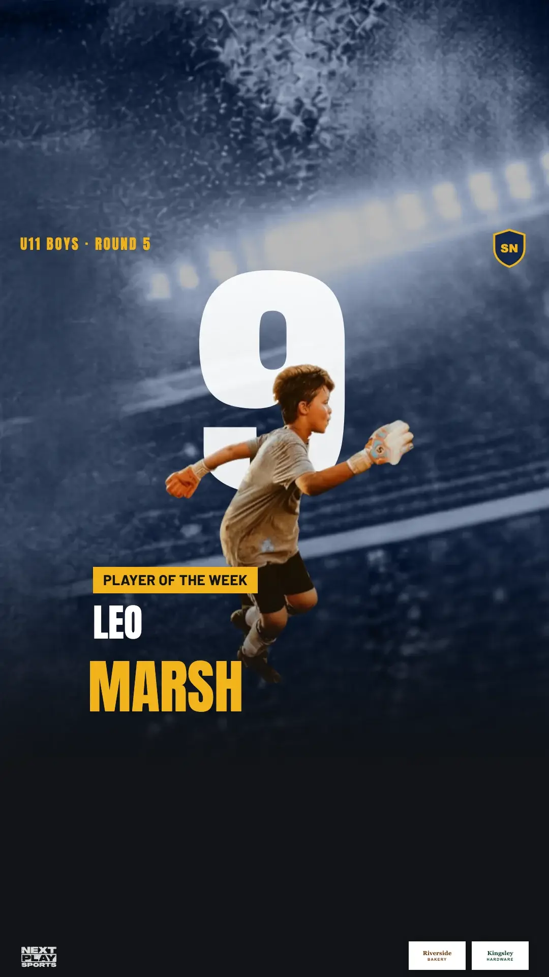 Player of the week story post for Leo Marsh, Under 11 Boys, cut out of his photo in front of a huge number 9