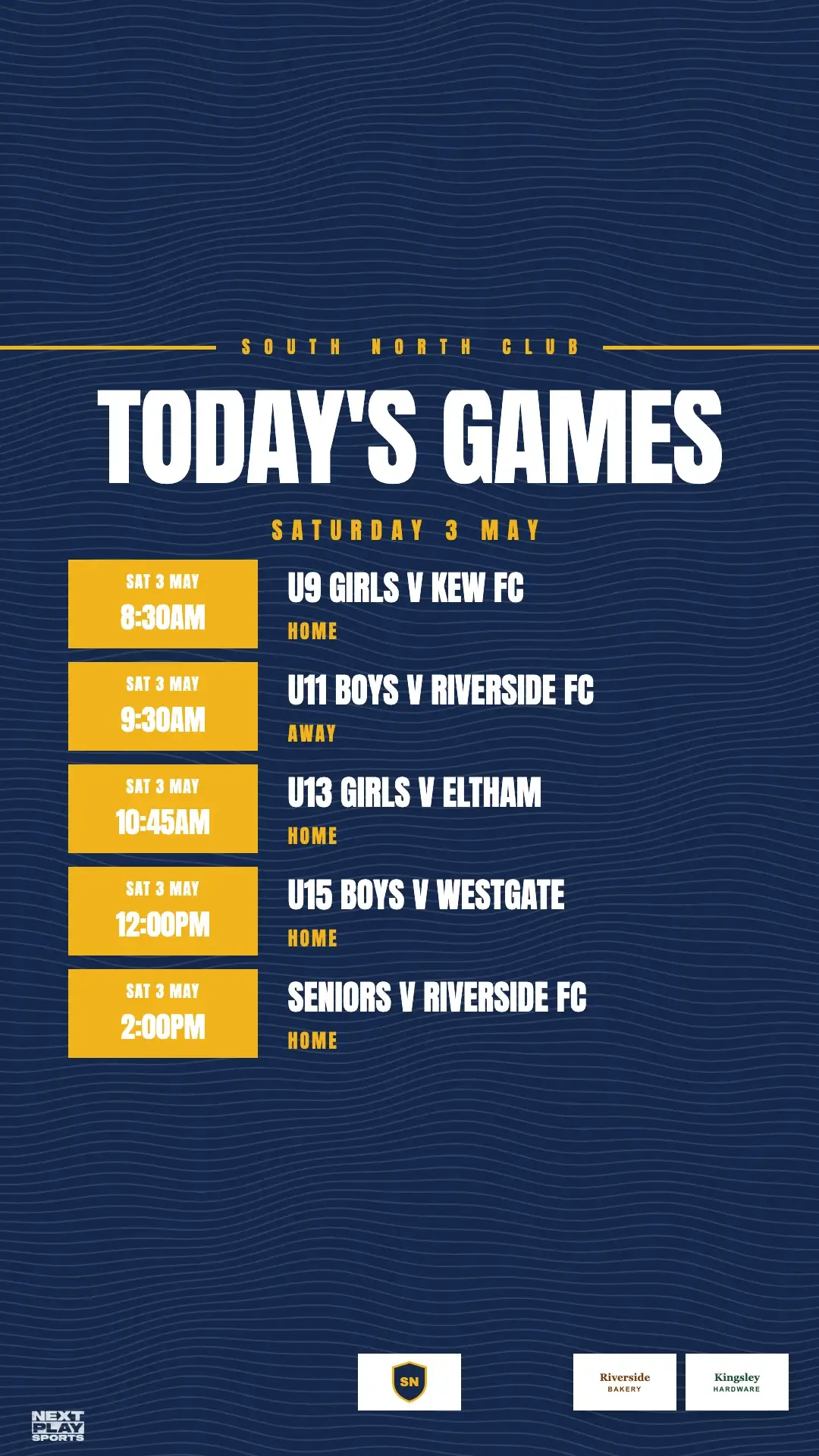 Today's games story post listing five South North Club games from 8:30am to 2:00pm