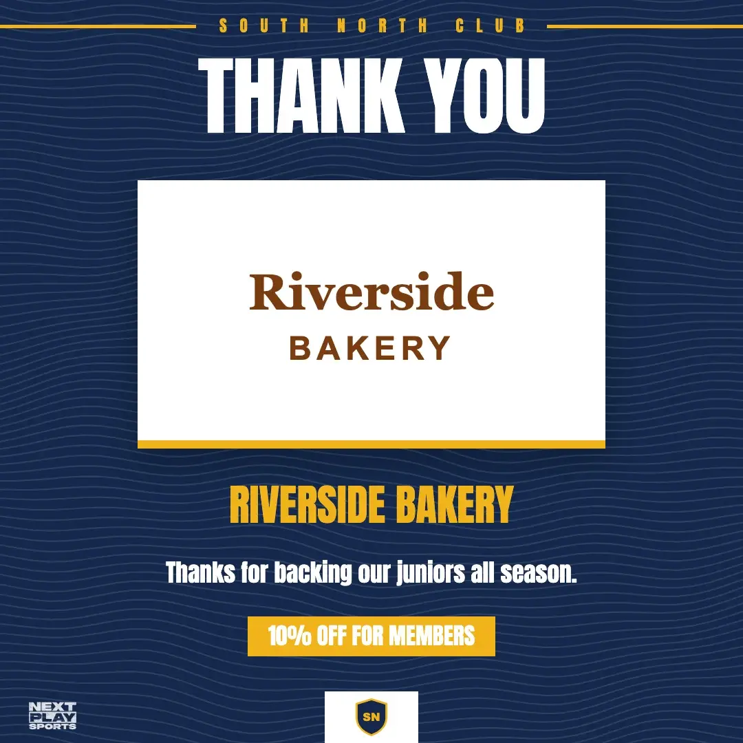 Thank you post for Riverside Bakery with a 10% off for members offer, in South North Club colours