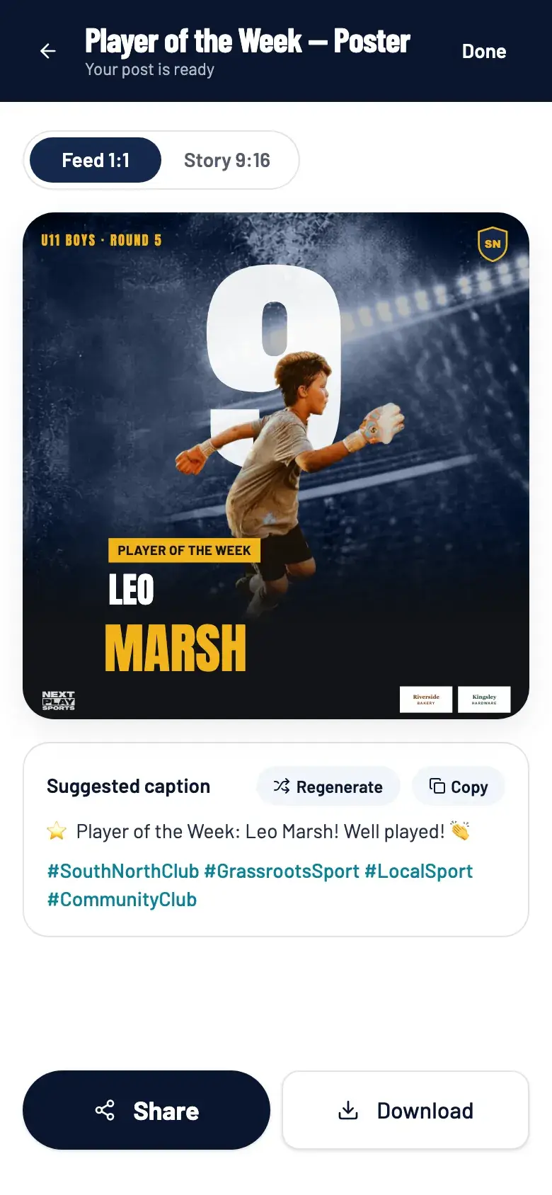 The finished player of the week poster, stadium style, with a suggested caption and Share and Download buttons