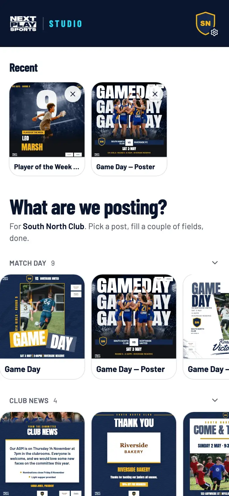 The post picker in the app, listing game day, final score, results and more