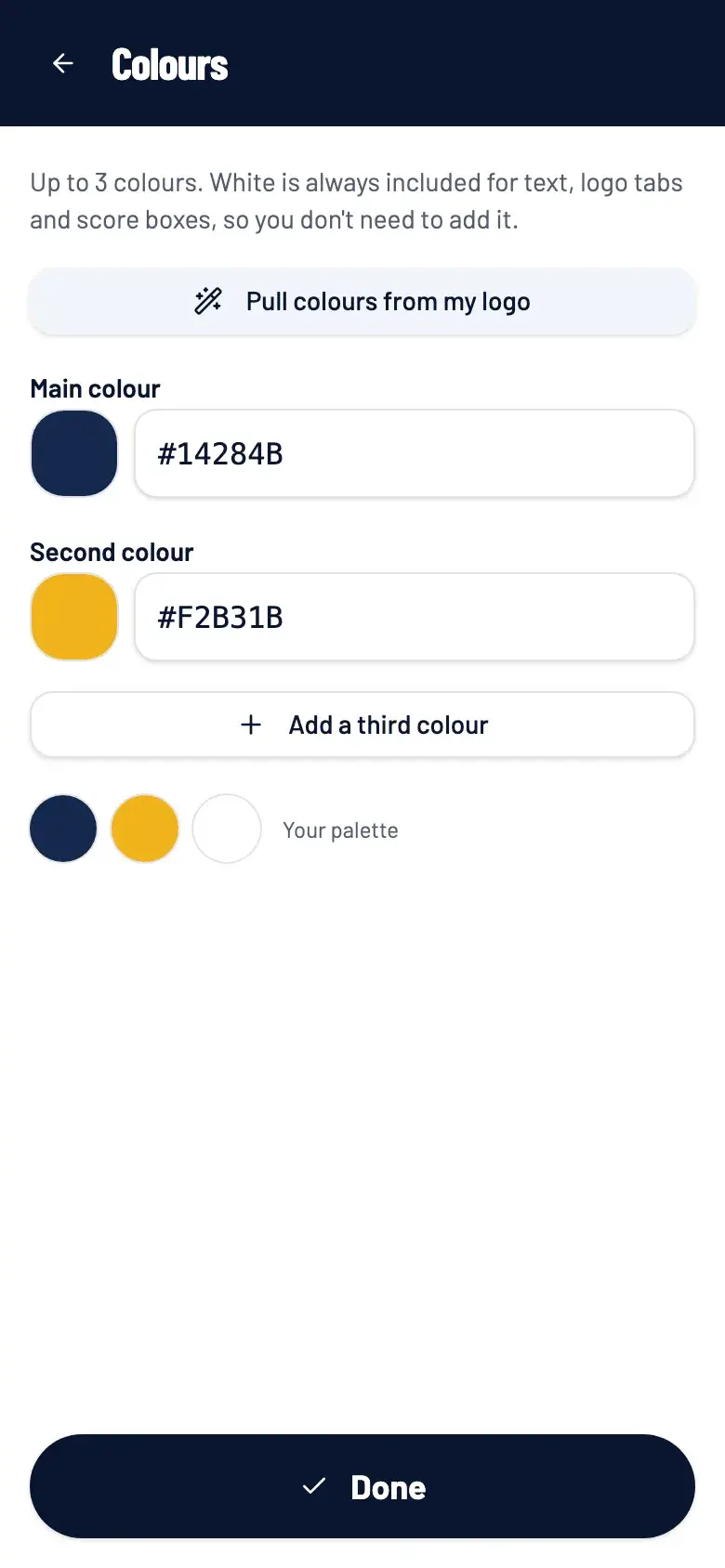 The colours setting in the app: main colour, second colour and a button to add a third