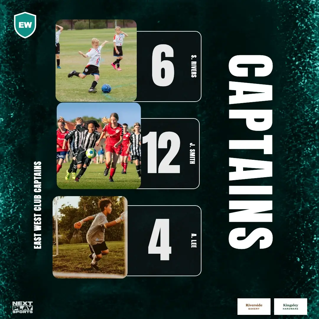 Captains post with three framed player photos and their numbers, in East West Club colours