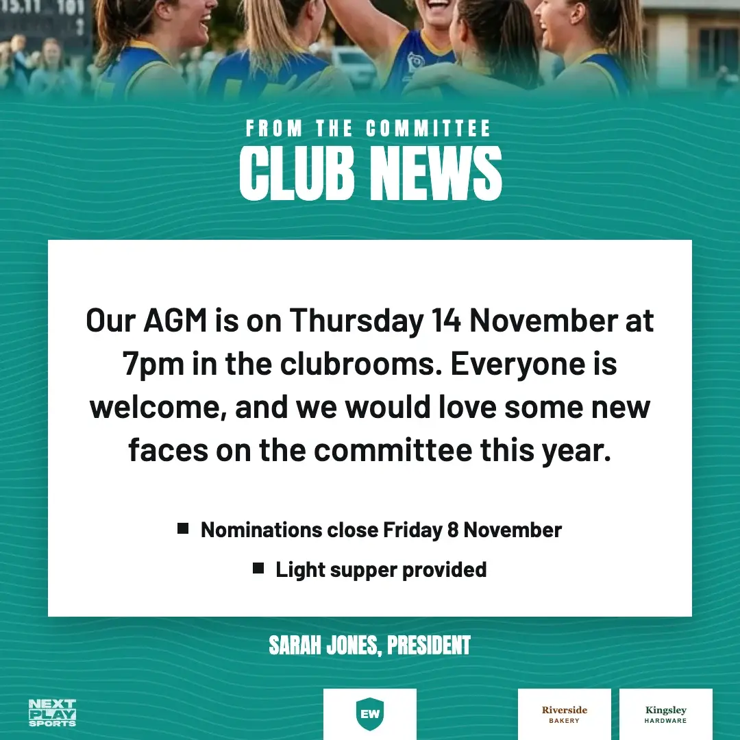 Club news post with the AGM details and two key points, in East West Club colours