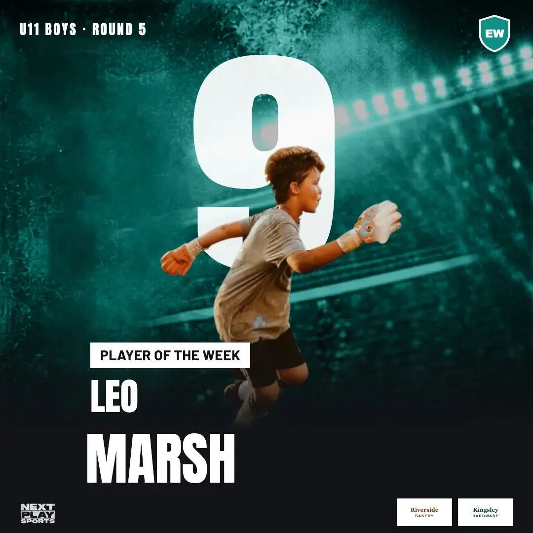 Player of the week poster for Leo Marsh, number 9, cut out in front of a huge 9, in East West Club colours