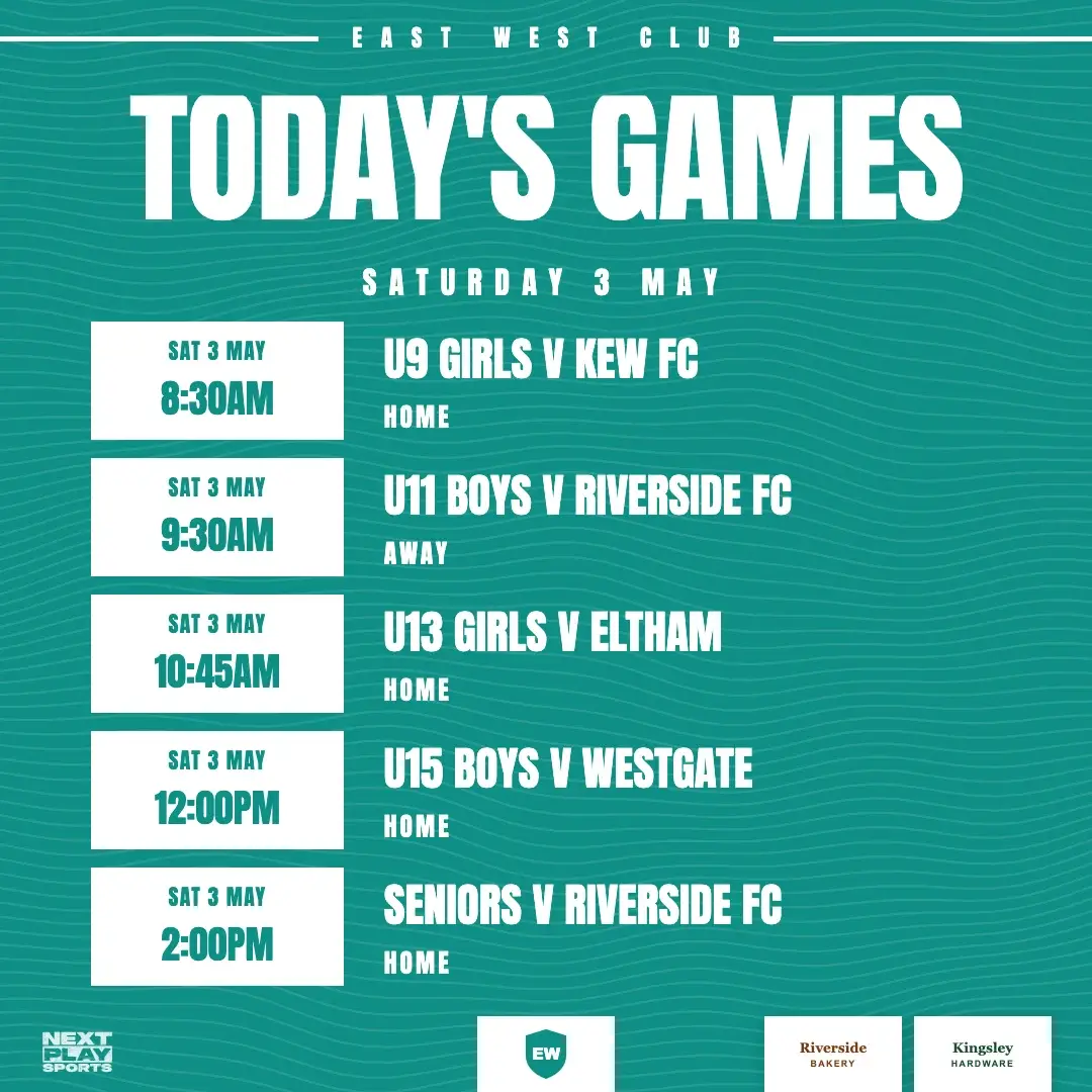Today's games post listing five games with times, in East West Club colours