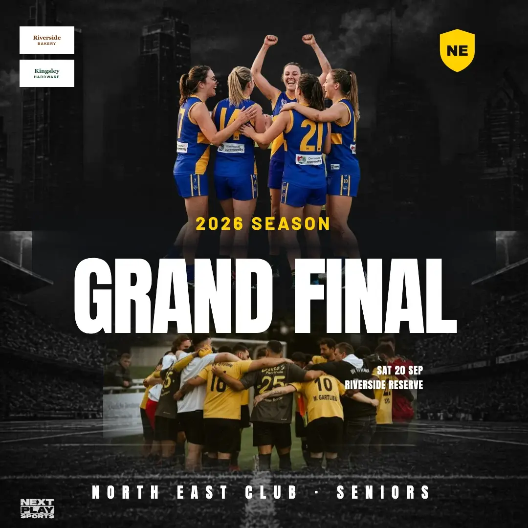 Grand final post with the players cut out above the headline and a team huddle photo below, in North East Club colours