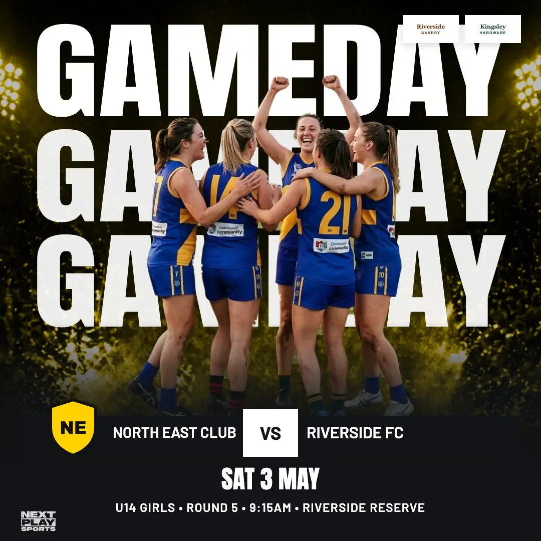 Game day poster with the players cut out in front of the words Game Day over a floodlit stadium, in North East Club colours