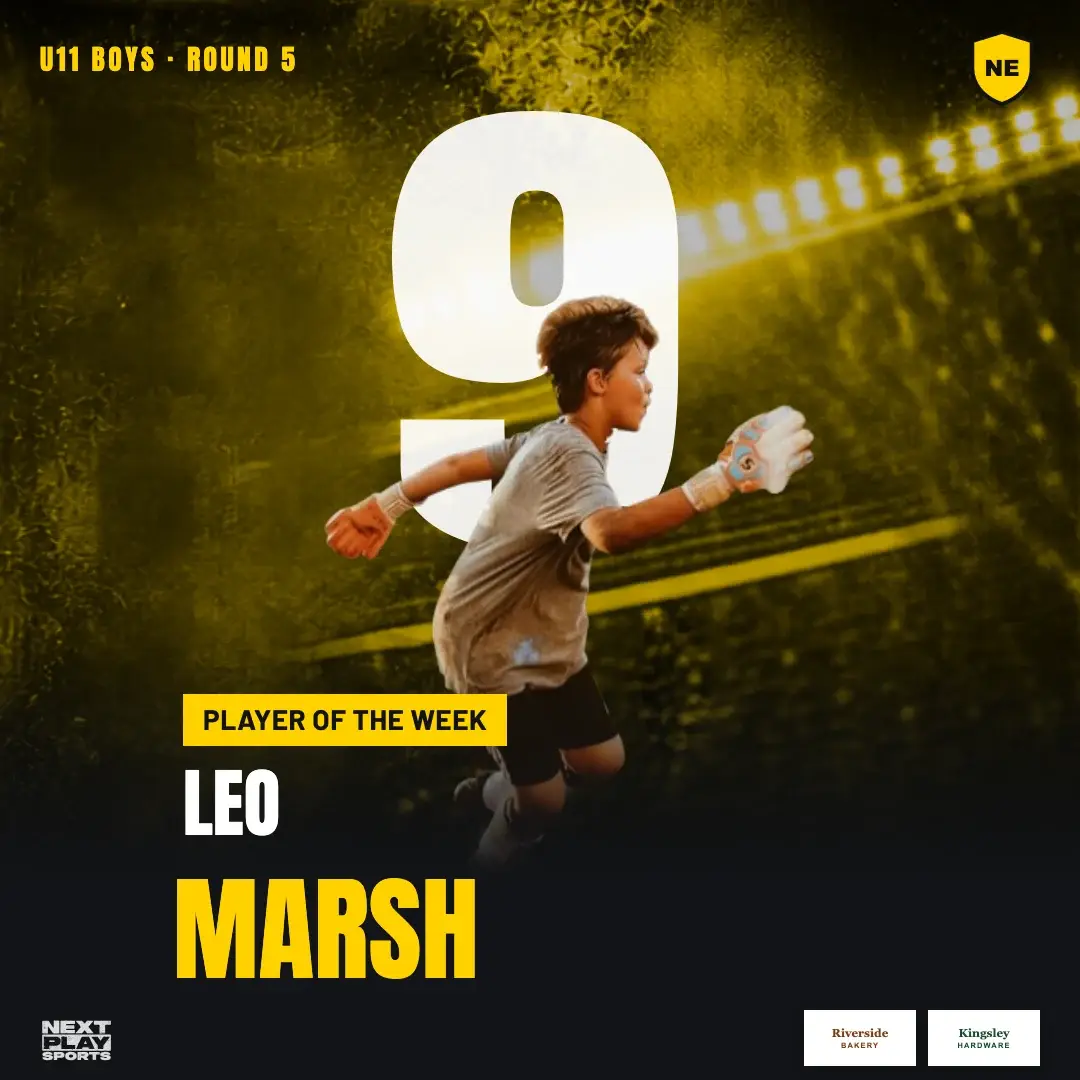Player of the week poster for Leo Marsh, number 9, cut out in front of a huge 9, in North East Club colours