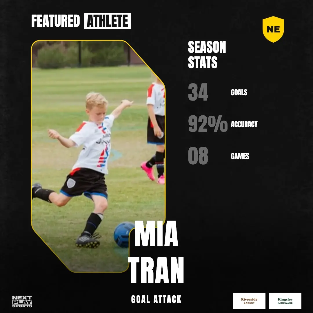 Featured player post for Mia Tran with season stats: 34 goals at 92% accuracy, in North East Club colours